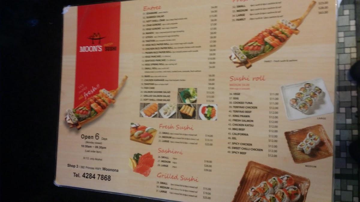 Menu at Moon Sushi restaurant, Woonona