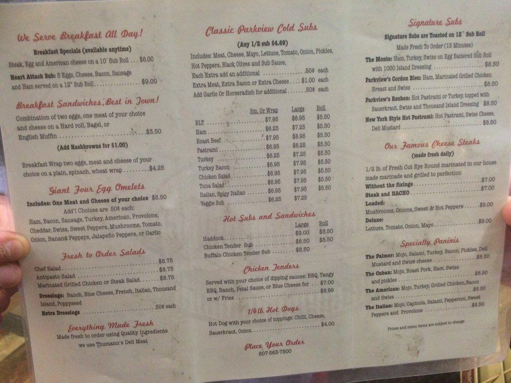 Menu at Parkview Grocery & Deli restaurant, Sidney