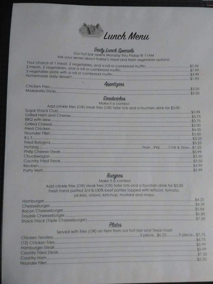 Menu at Sugar Shack restaurant, Niota