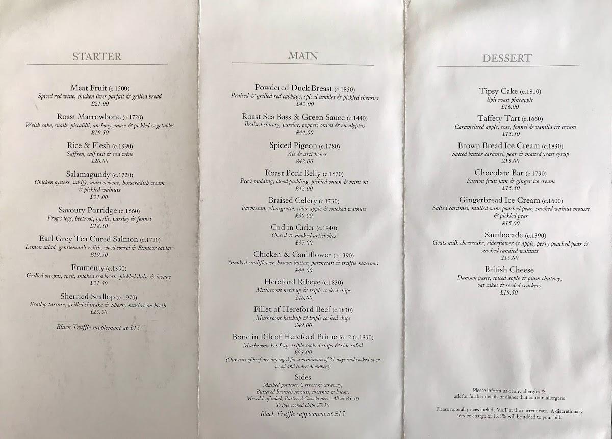 Menu at Dinner by Heston Blumenthal restaurant, London