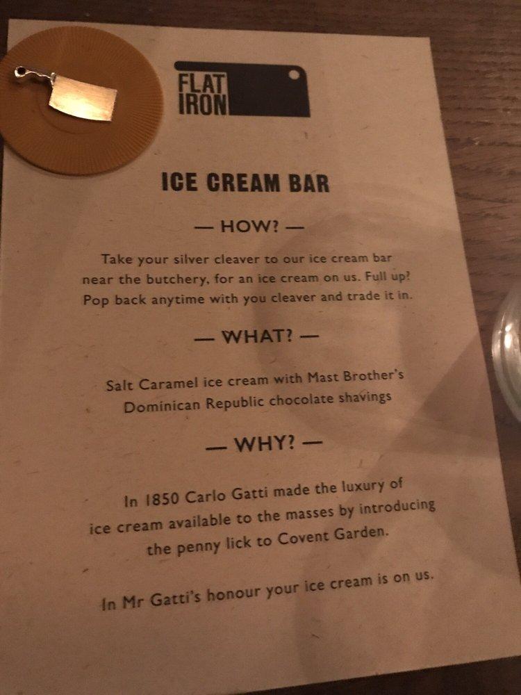 Menu at Flat Iron Covent Garden steakhouse, London, 1718 Henrietta St