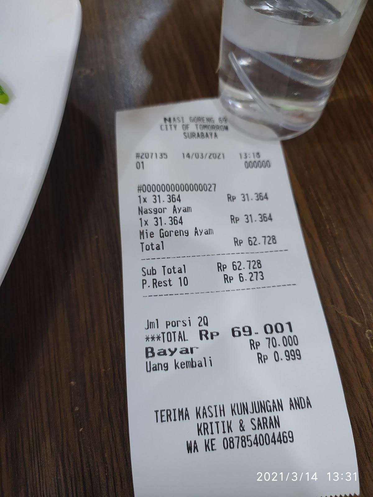 Menu at Nasi Goreng 69 restaurant, Surabaya, Jl. Ahmad Yani No.288