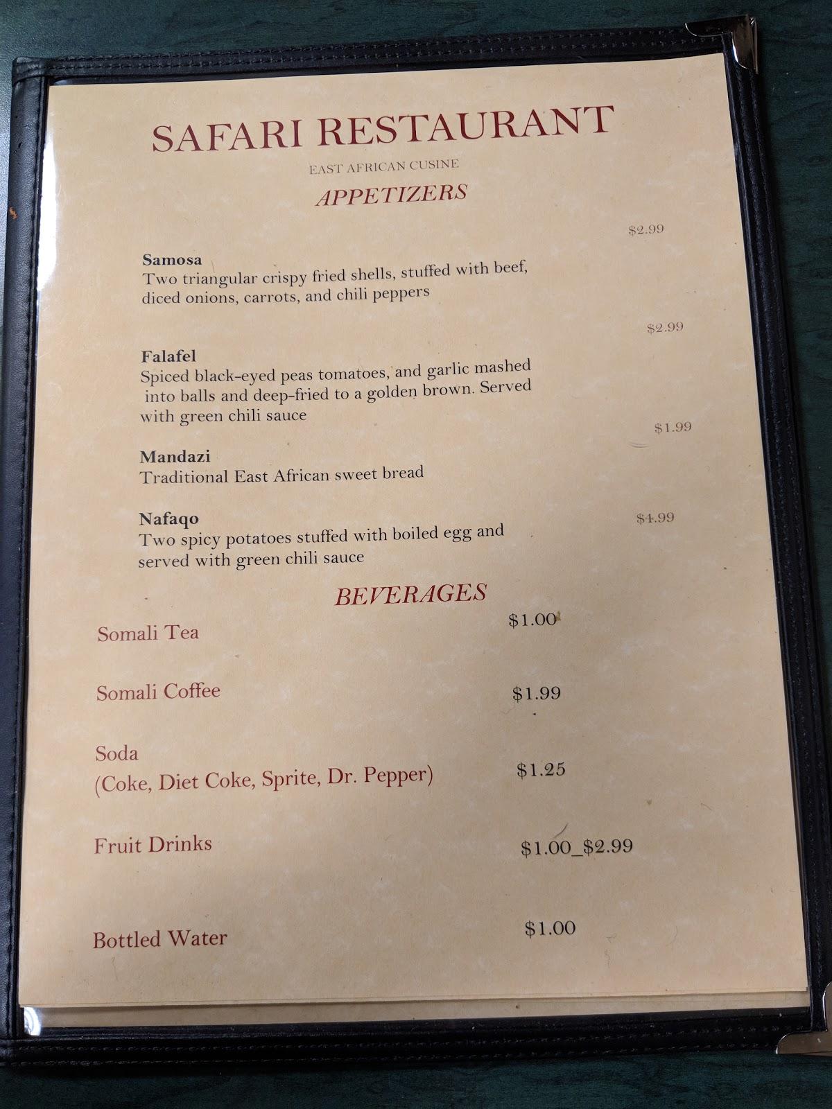 Safari Restaurant menu