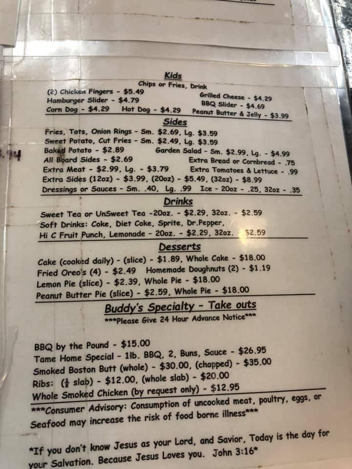 Menu at Buddy's BBQ, Talladega