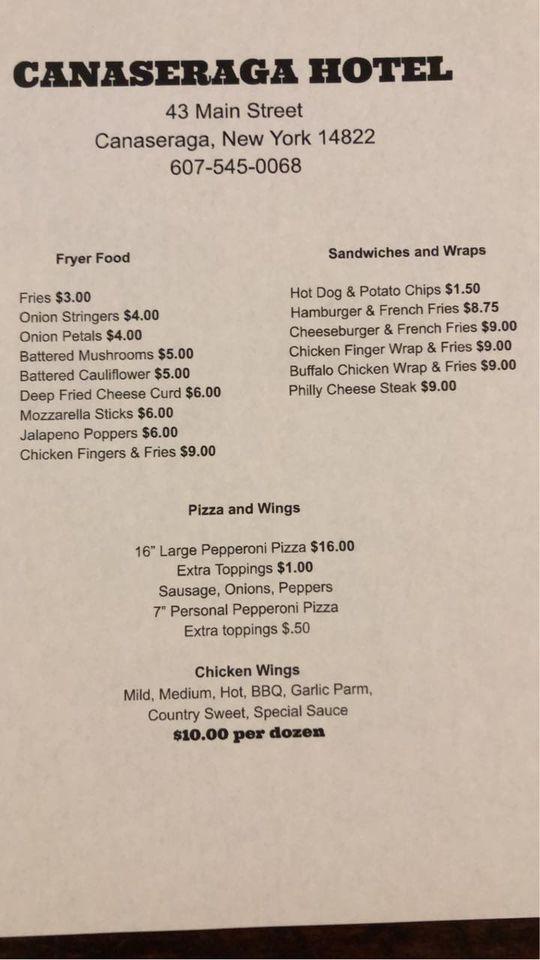 Menu at Canaseraga Hotel pub & bar, Canaseraga