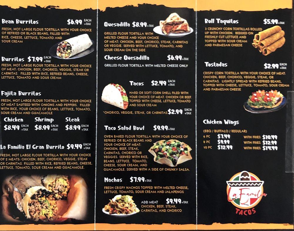 Menu at La Familia Tacos restaurant, Warwick
