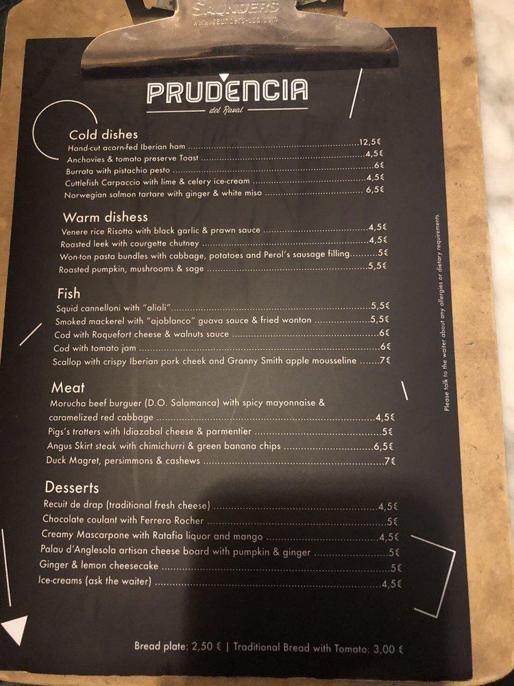 Menu at La Prudencia del Raval restaurant, Barcelona