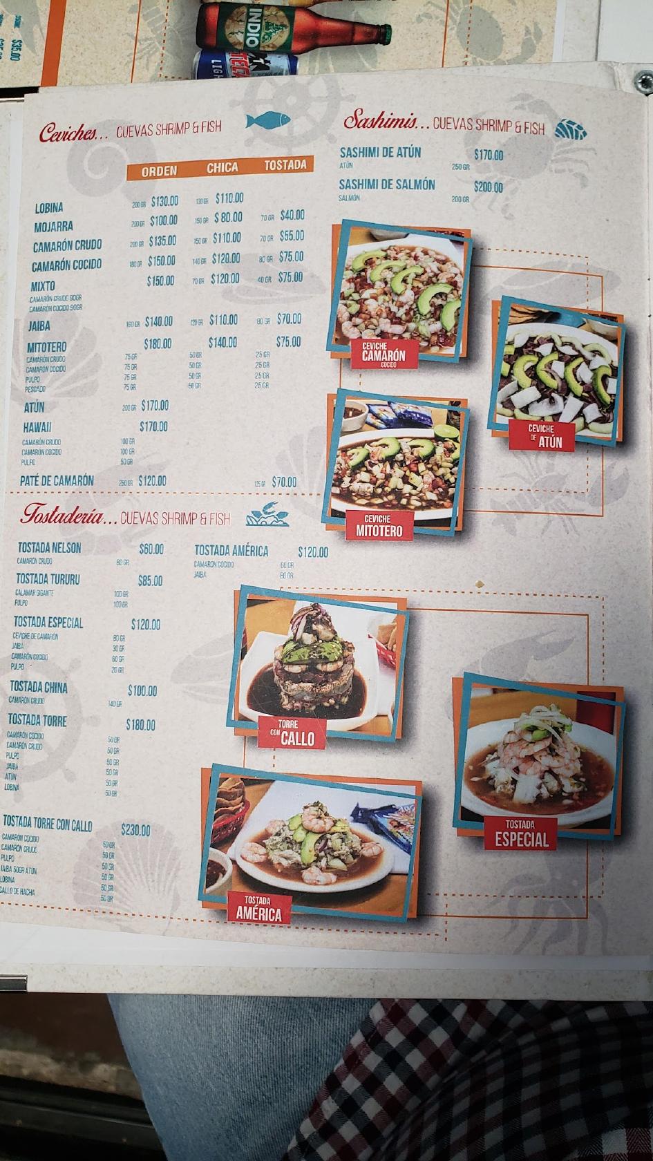 Carta del restaurante Mariscos Cuevas Tres rios, Culiacán Rosales,  Desarrollo Urbano Tres Ríos