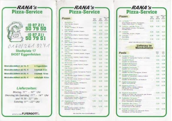 Speisekarte von Pizzaservice Rana, Eggenfelden