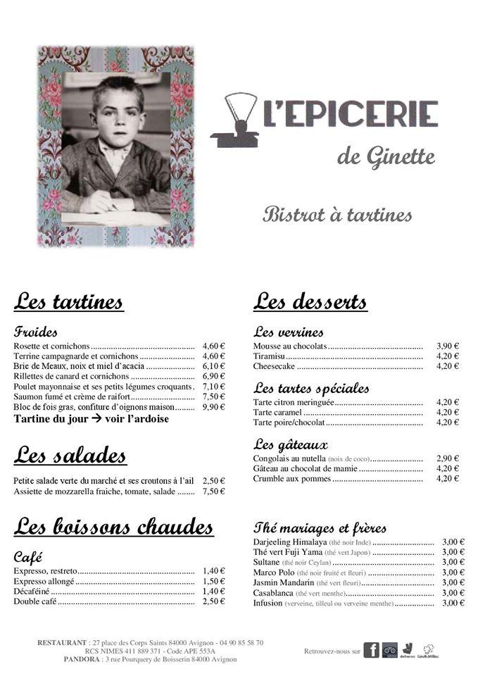 Menu au L'Épicerie de Ginette - Bistrot à Tartines - Avignon restaurant ...