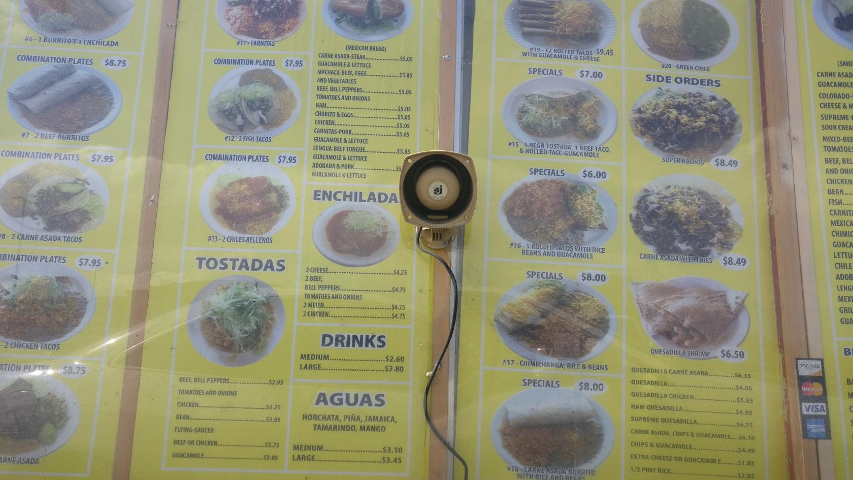 Menu at Tacos Rapidos restaurant, Denver, W Evans Ave