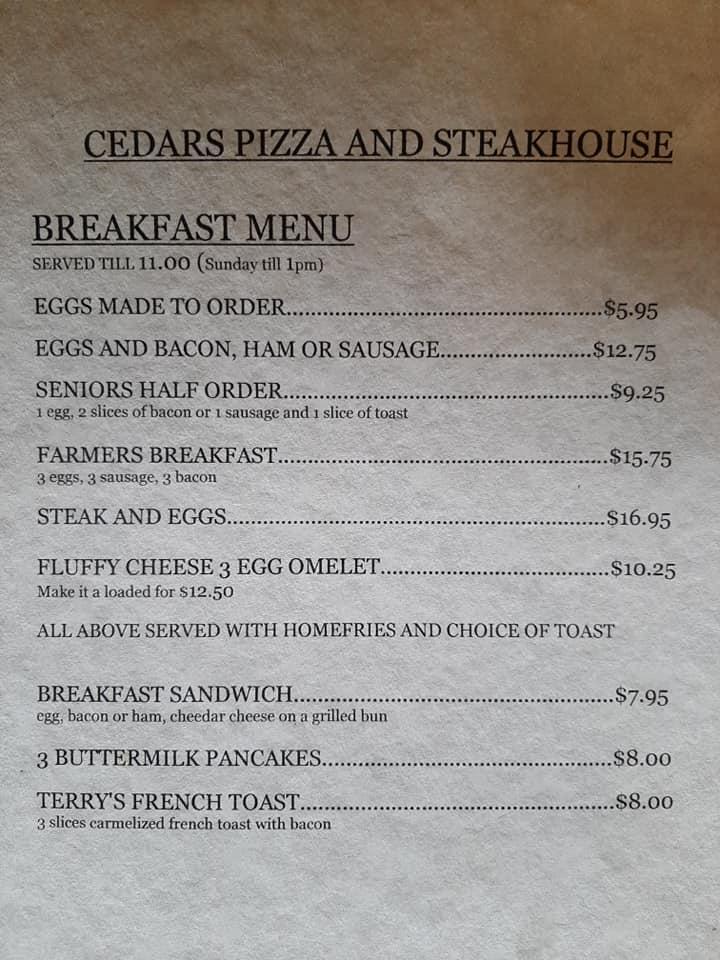 Menu at Cedar Pizza & Steak House restaurant, Forestburg