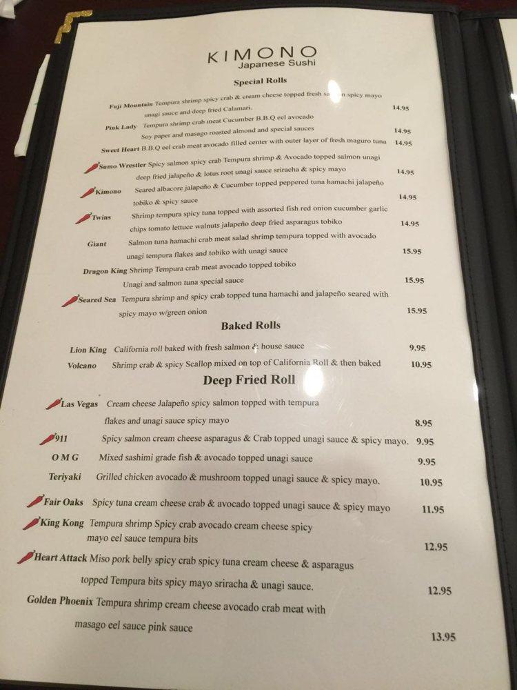 Menu at Kimono restaurant, Tracy
