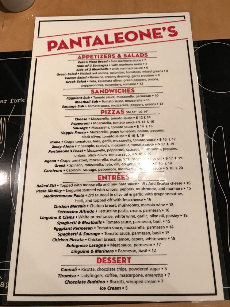 Menu at Pantaleone's pizzeria, Denver