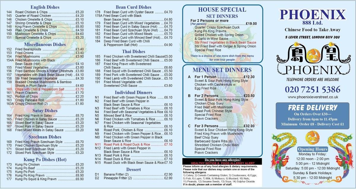 Menu at Phoenix Chinese takeaway fast food, London, 5 Lever St