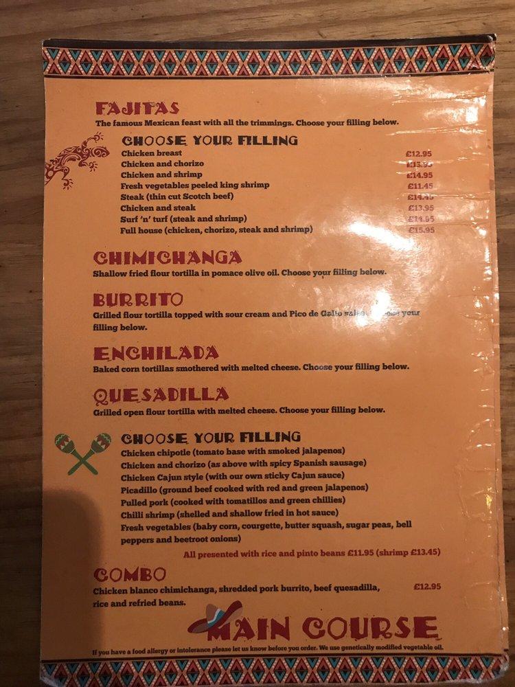 Menu at The Mexican restaurant, Perth
