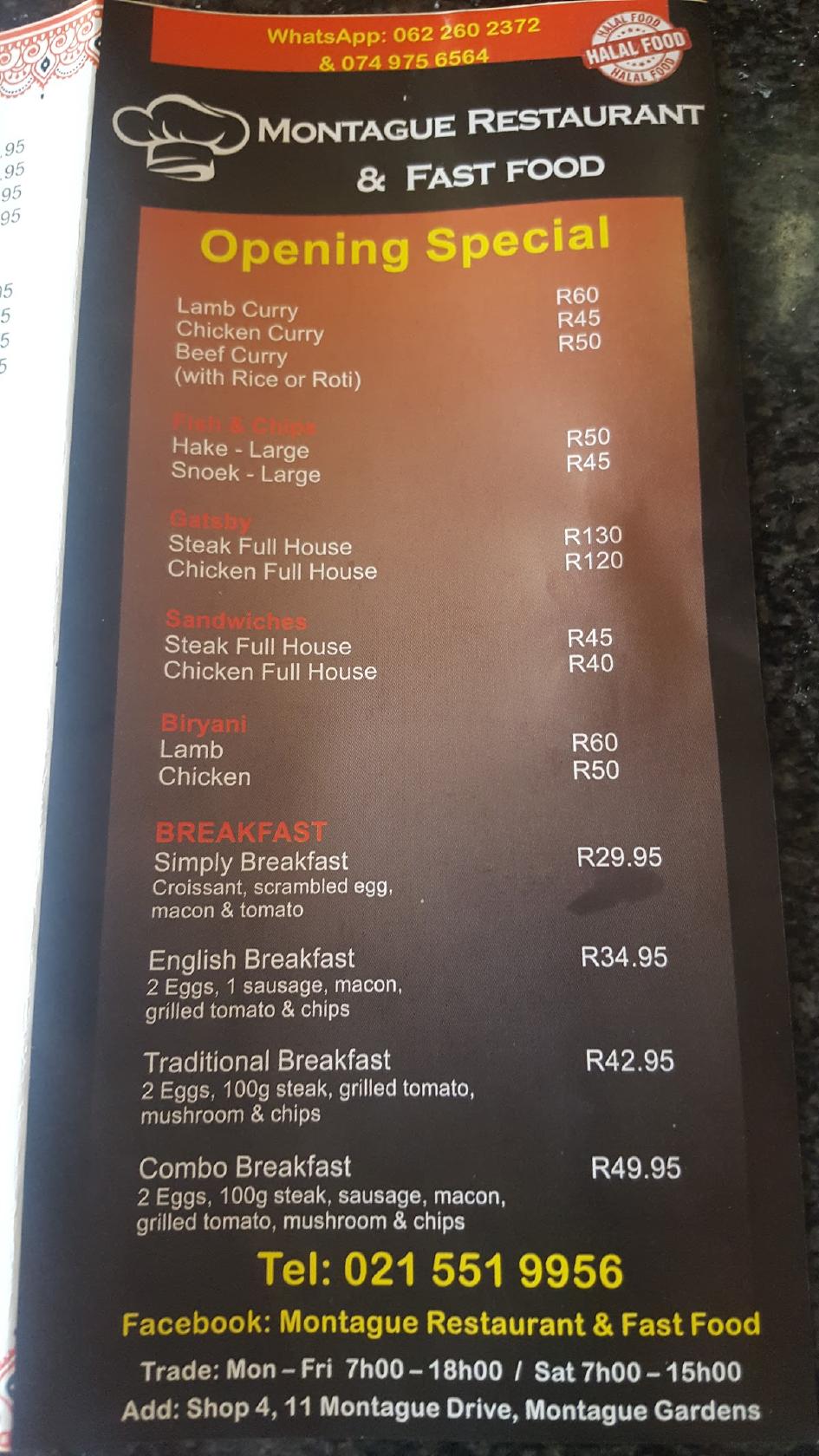 Menu at Montague Restaurant & Fast Food, Cape Town