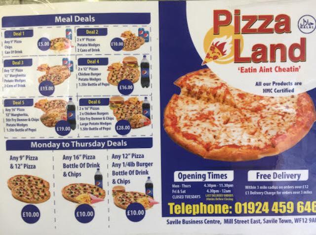 Menu at Pizza Land pizzeria, Dewsbury