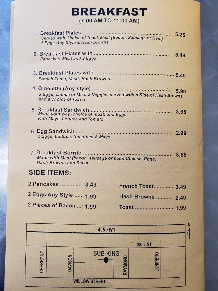 Menu at Sub King restaurant, Signal Hill