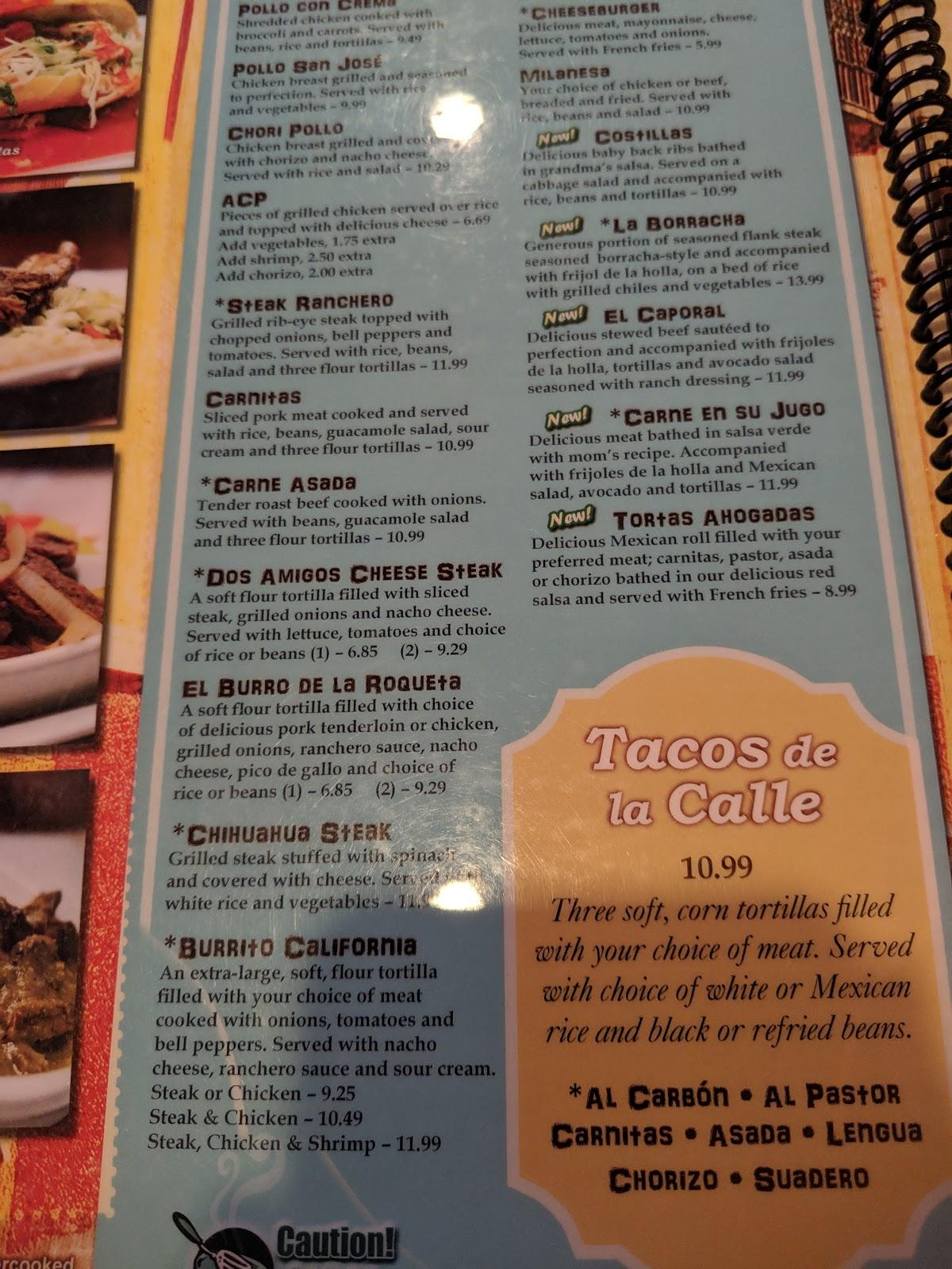 Menu at Dos Amigos restaurant, Lenoir