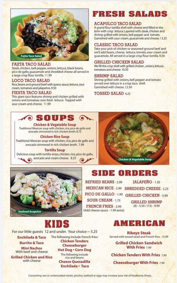 Menu at Acapulco's Lawrenceburg IN. Mexican Restaurant, Lawrenceburg