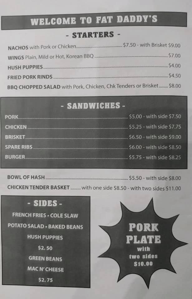Menu at Fat Daddy's BBQ, Greenwood, 115 Hampton Ave