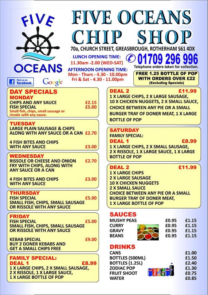 Menu at Five Oceans Chip Shop restaurant, Rotherham