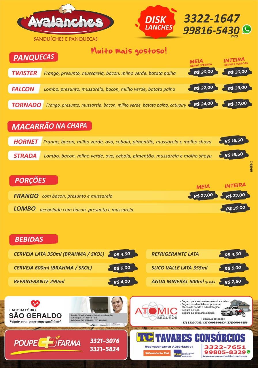 Lanchonete Avalanches cardápio