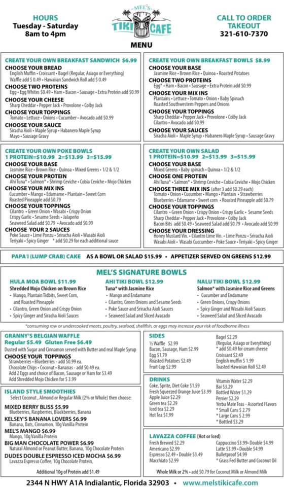 Menu at Mel’s Tiki Cafe, Indialantic