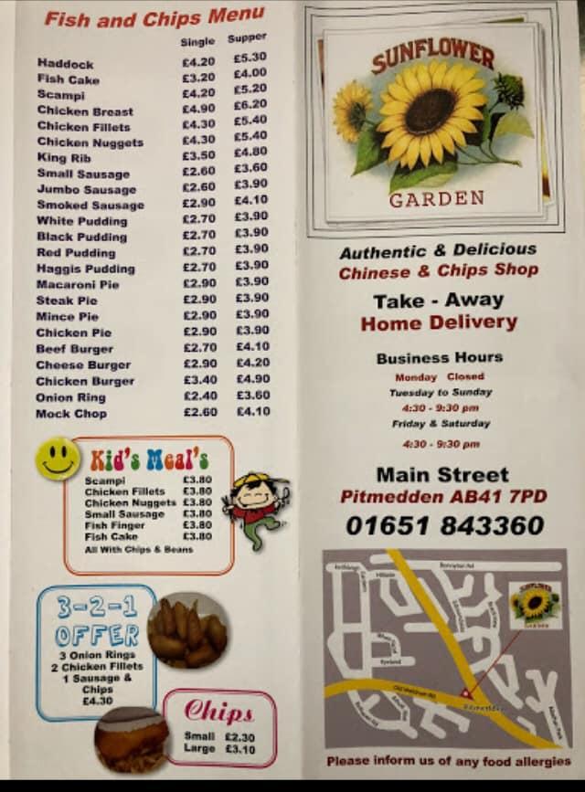 Menu at Sunflower Garden fast food, Pitmedden