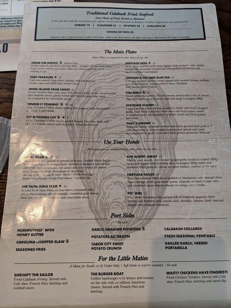 Menu at The Oyster Rock Waterfront Seafood restaurant, Calabash
