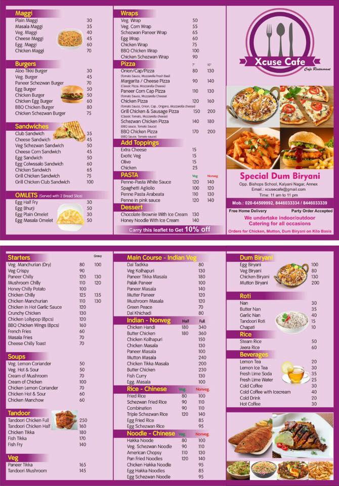 Xcuse Cafe & Restaurant menu