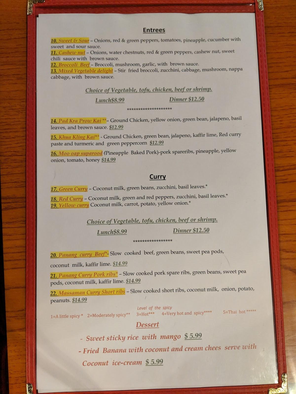 Menu at Bunnisa's Thai Cuisine restaurant, Cedar City