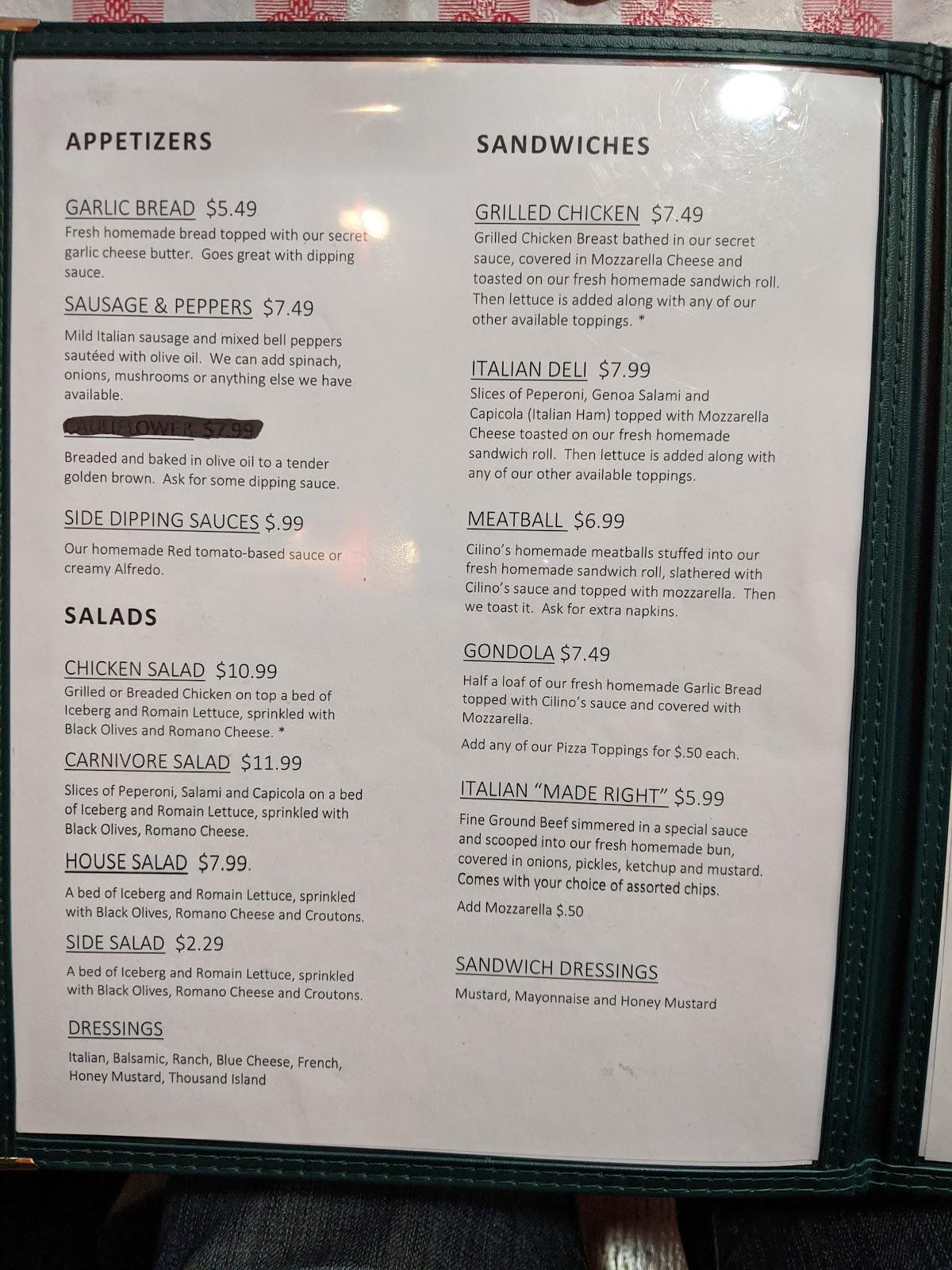 Menu at Cilino's Italian Restaurant, Wellman