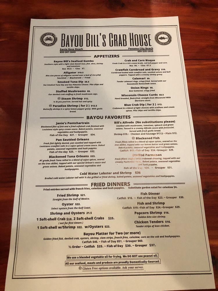 Menu at Bayou Bill's Crab House pub & bar, Panama City Beach, Front