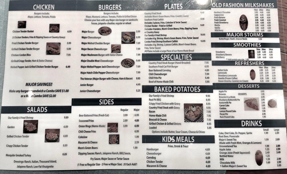Menu at Major's Burger Company restaurant, Liberty Hill, TX29