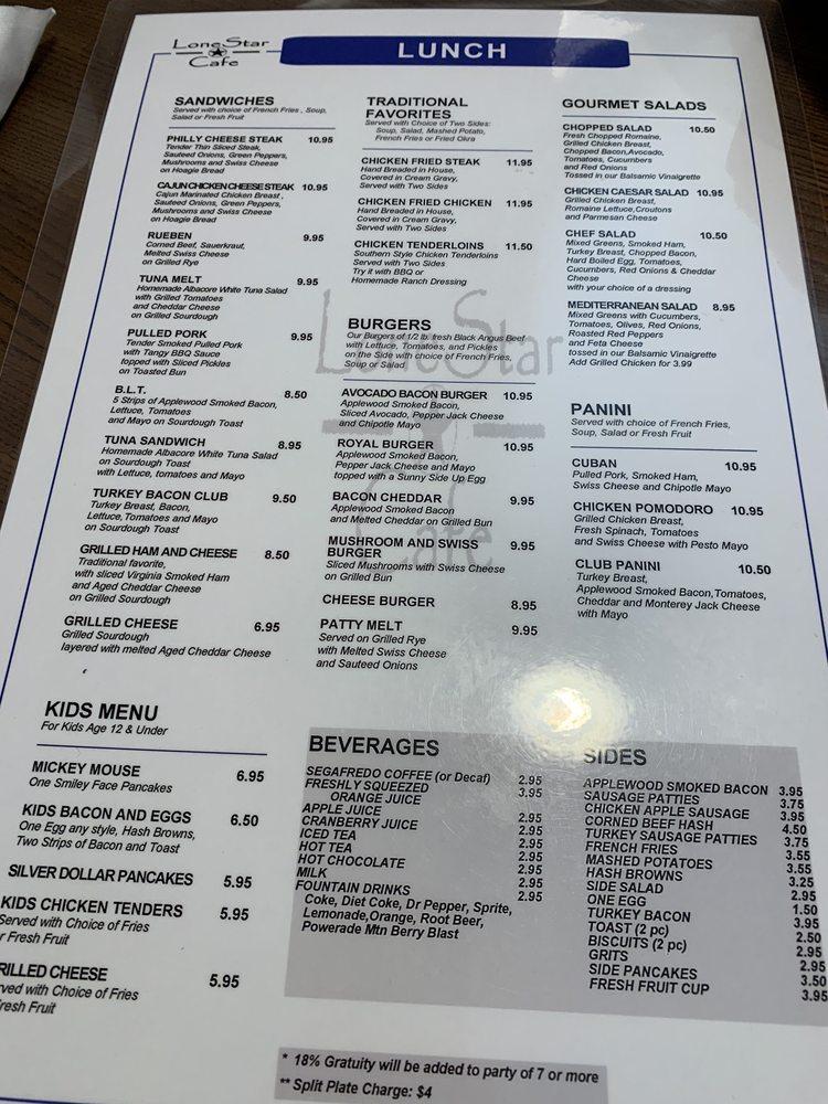 Menu at Lone Star Cafe, Grapevine