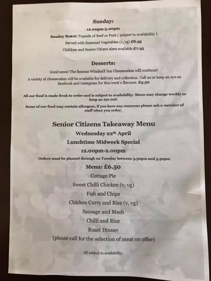 Menu at The Windmill Inn pub & bar, Royal Leamington Spa