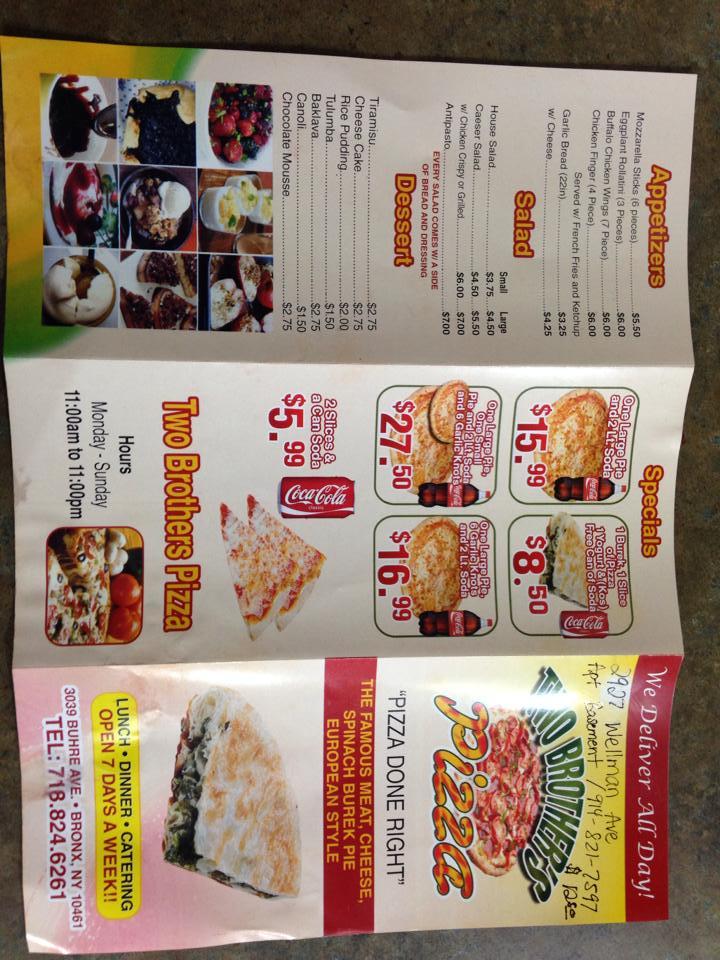 Menu at Two Brothers Pizzeria, New Rochelle, Buhre Ave