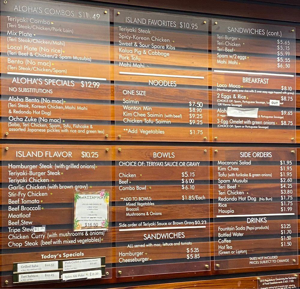 Menu at Aloha Specialties restaurant, Las Vegas
