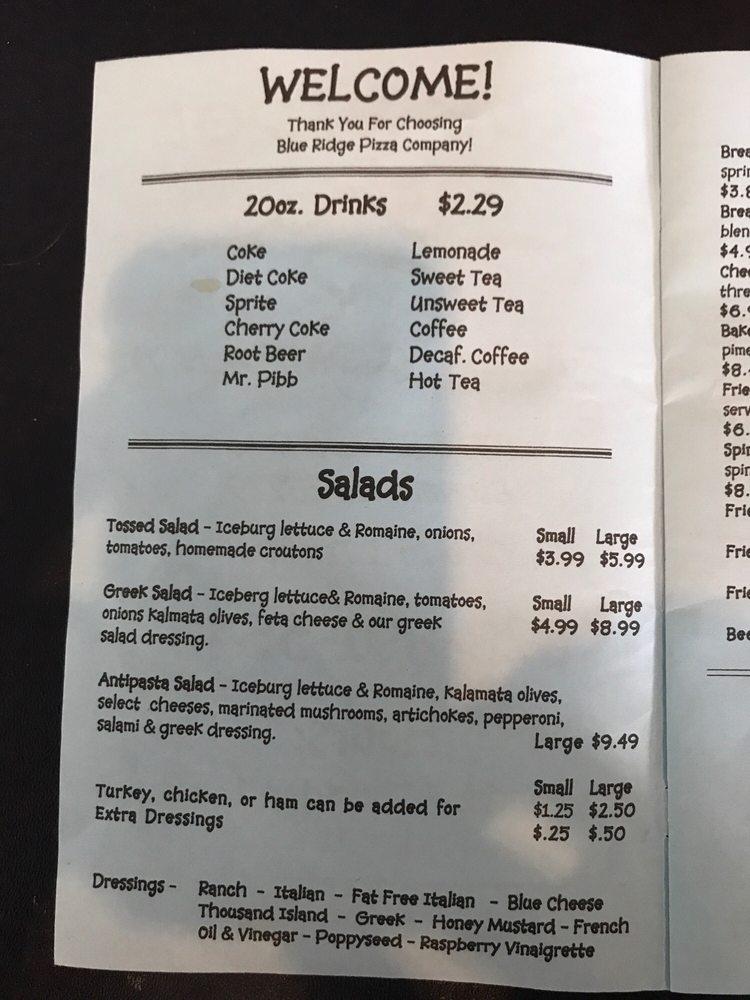 Menu at Blue Ridge Pizza Company pizzeria, Etowah