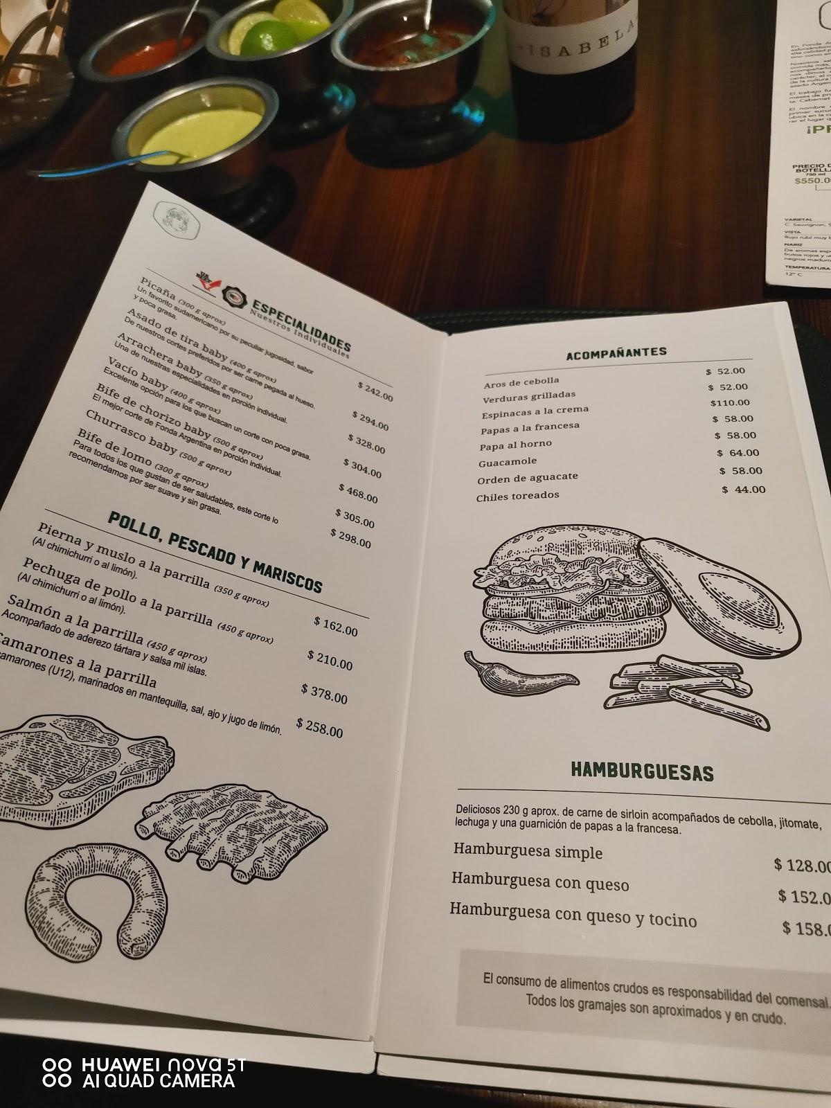 Carta del restaurante Fonda Argentina Antenas, Ciudad del México