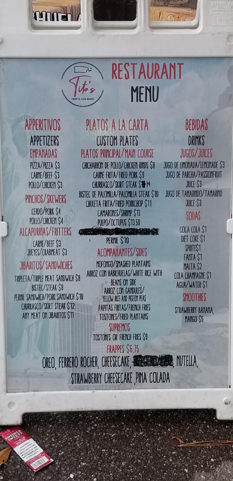 Menu at Tito's Latin Kitchen restaurant, Tampa