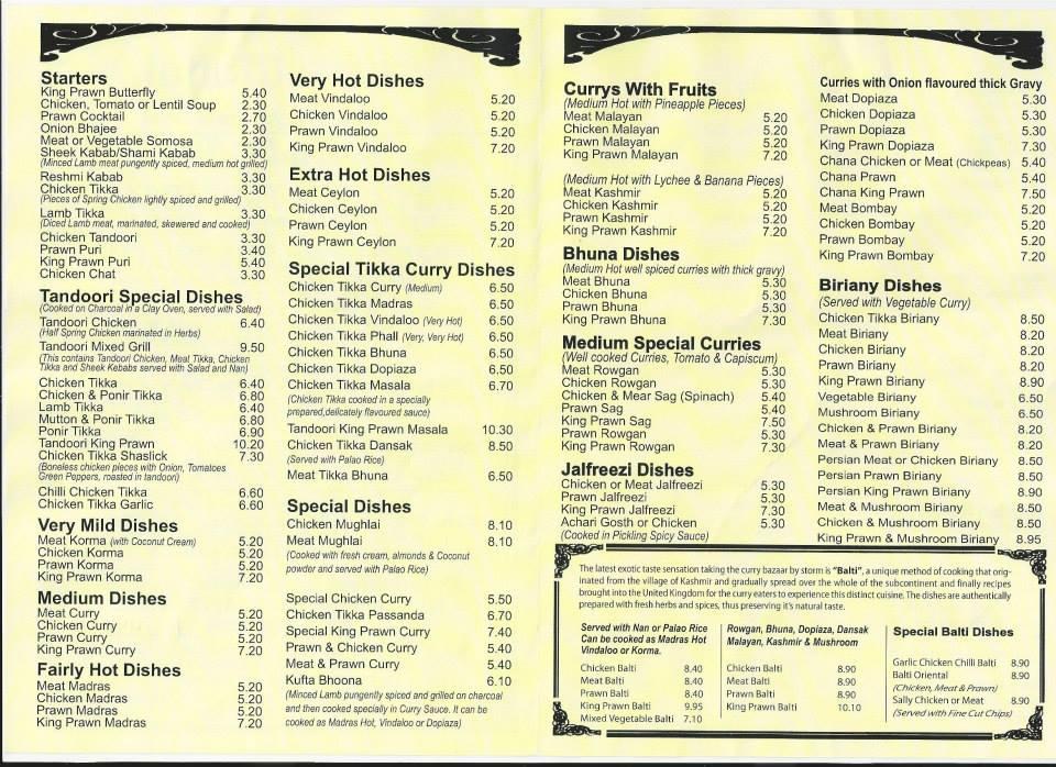 Menu at Curry Mahal Tandoori restaurant, Dagenham, 27 Goresbrook Rd