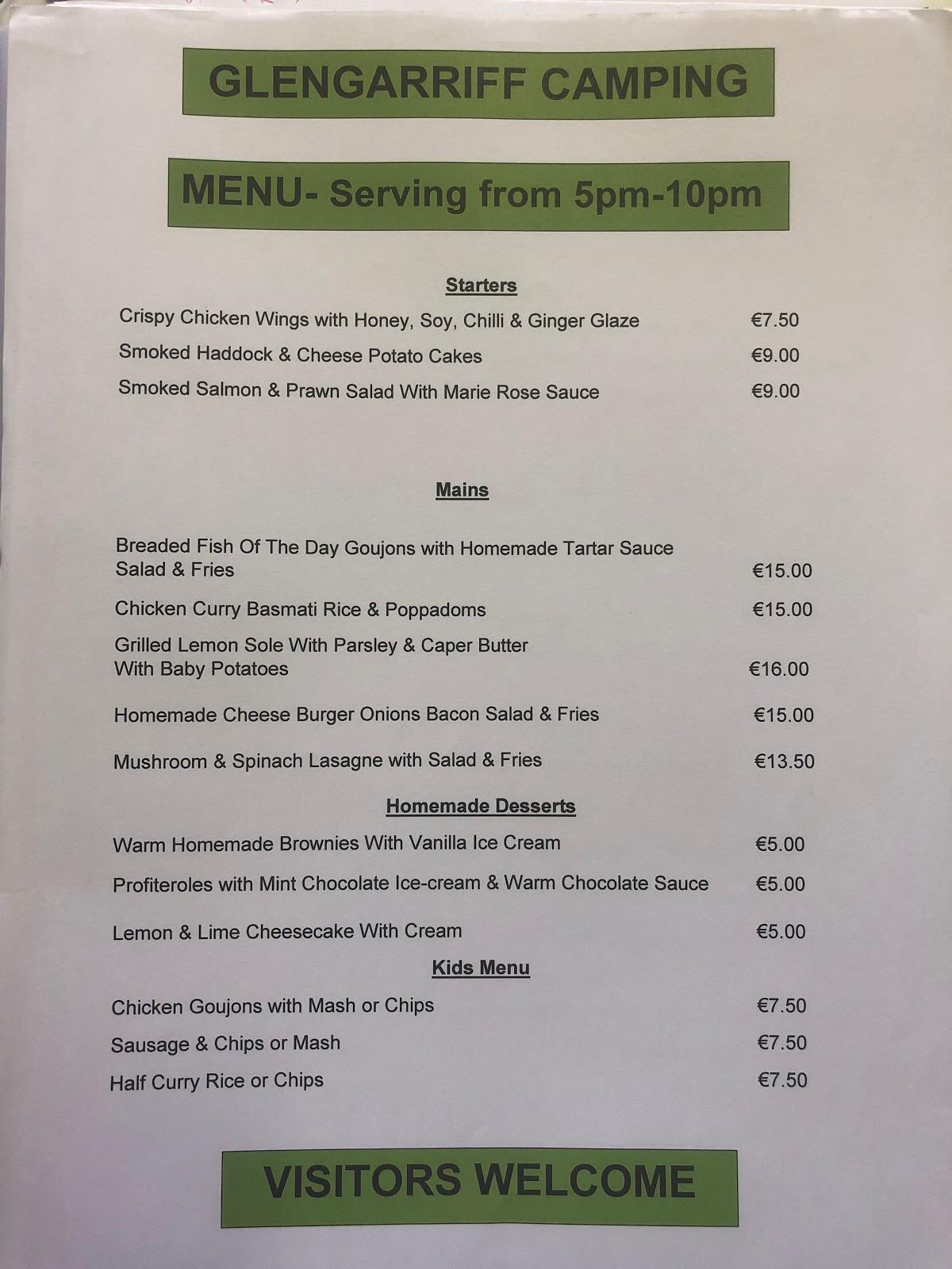 Menu at Glengarriff Caravan & Camping Park, Glengarriff