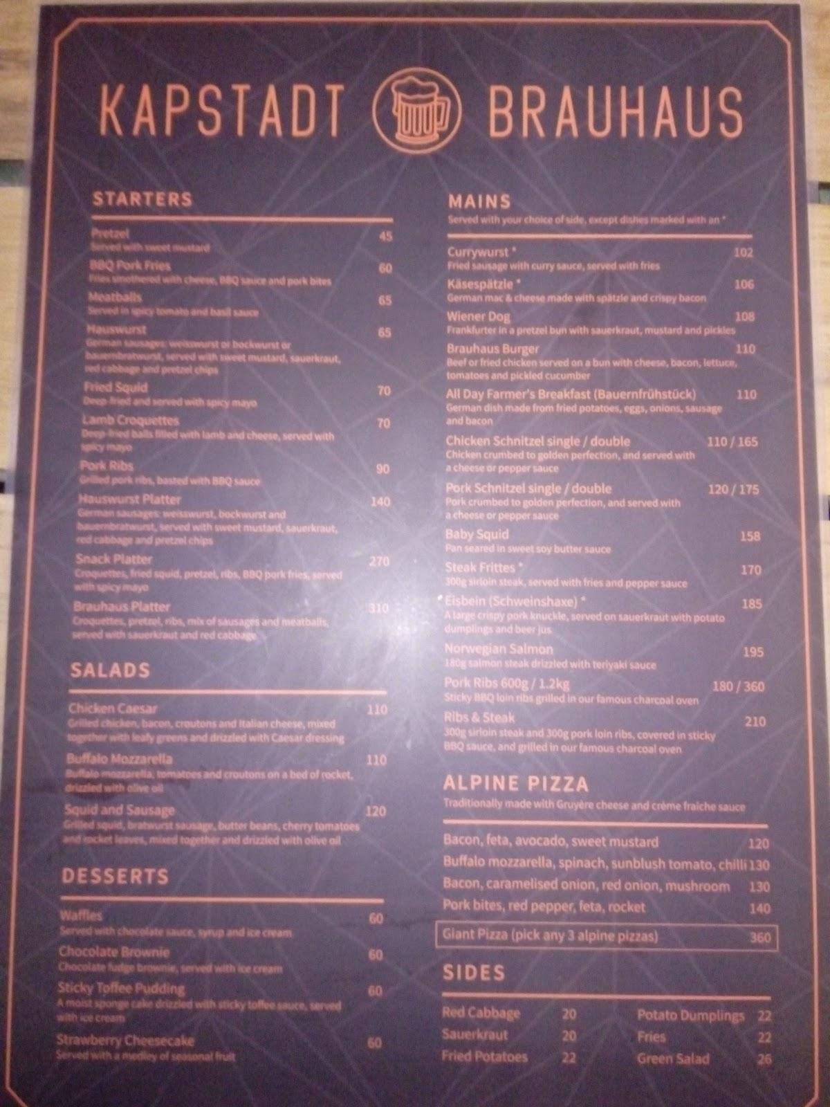 Menu au Kapstadt Brauhaus Langebaan restaurant, Langebaan