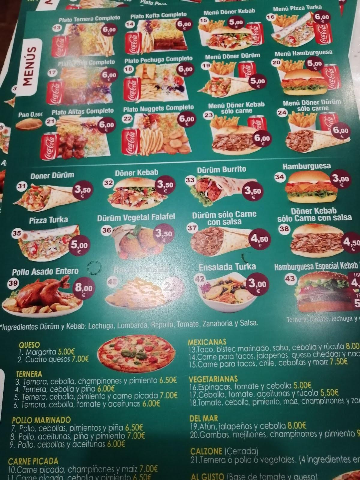 Menu at Kebab House restaurant, Garrucha