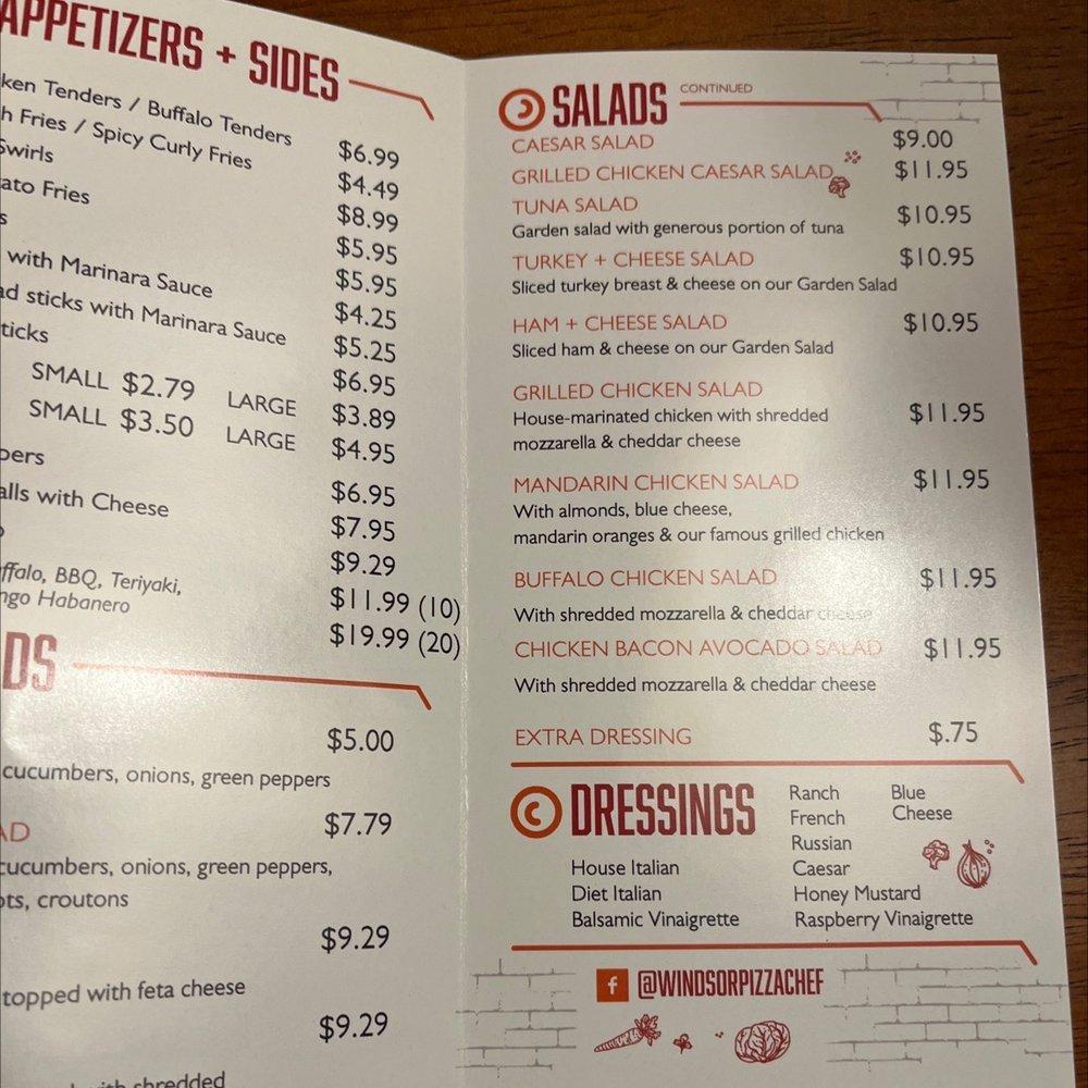 Menu at Pizza Chef Windsor pizzeria, Windsor