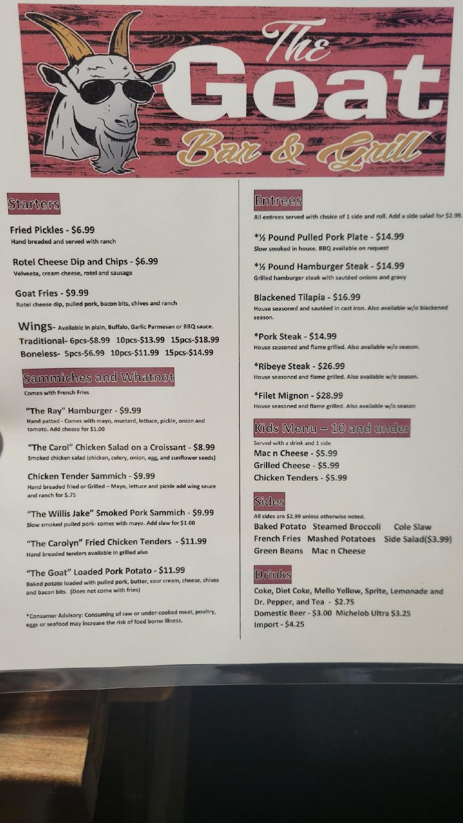 Menu at The Goat Bar and Grill, Jasper