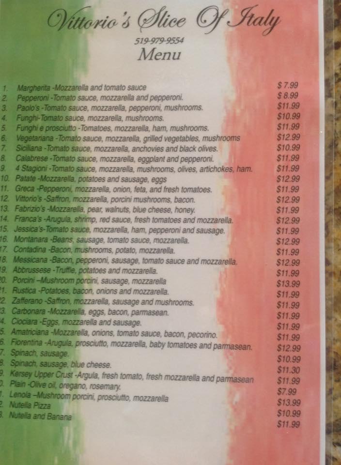 Menu at Vittorio's Trattoria pizzeria, Windsor